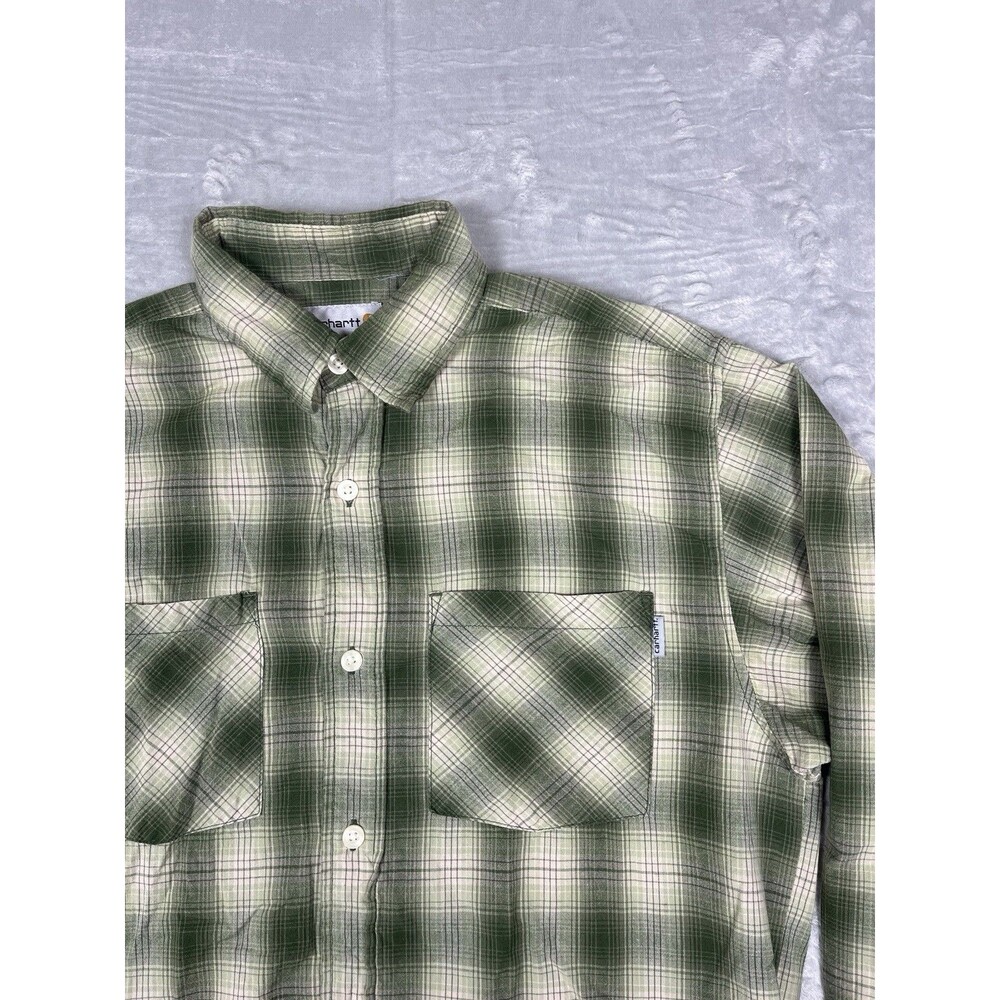 Carhartt Shadow Plaid Button Up Shirt Men's M Green Cream Long Sleeve 2 Pockets